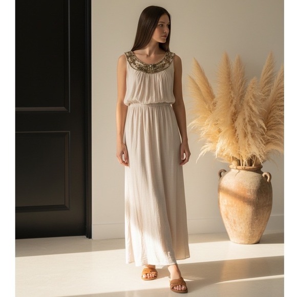 I.N. Studio Dresses & Skirts - Womens L-XL Taupe Beaded Sequin‎ Neckline Sleeveless Maxi Dress Cowl Back